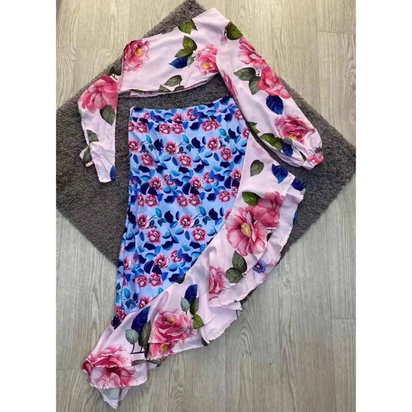 New Floral Print Sexy One Shoulder 2 Pieces Dress - Picture 5 of 5